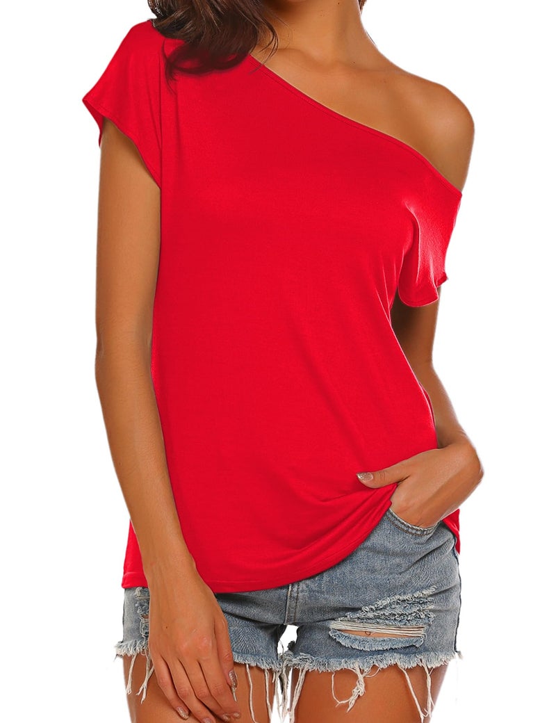 Halife Off The Shoulder Short Sleeve Womens Tops Dressy Casual Cute Red Ladies Shirts and Blouses Summer Fashion Clothing M - Image 1